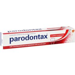 Weiße Schachtel mit Parodontax-Zahnpasta, fluoridfrei, gegen Zahnfleischbluten.