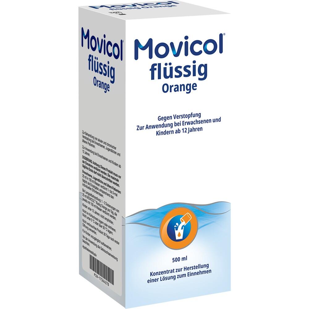 Weiße Verpackung von Movicol flüssig Orange gegen Verstopfung ab 12 Jahren.